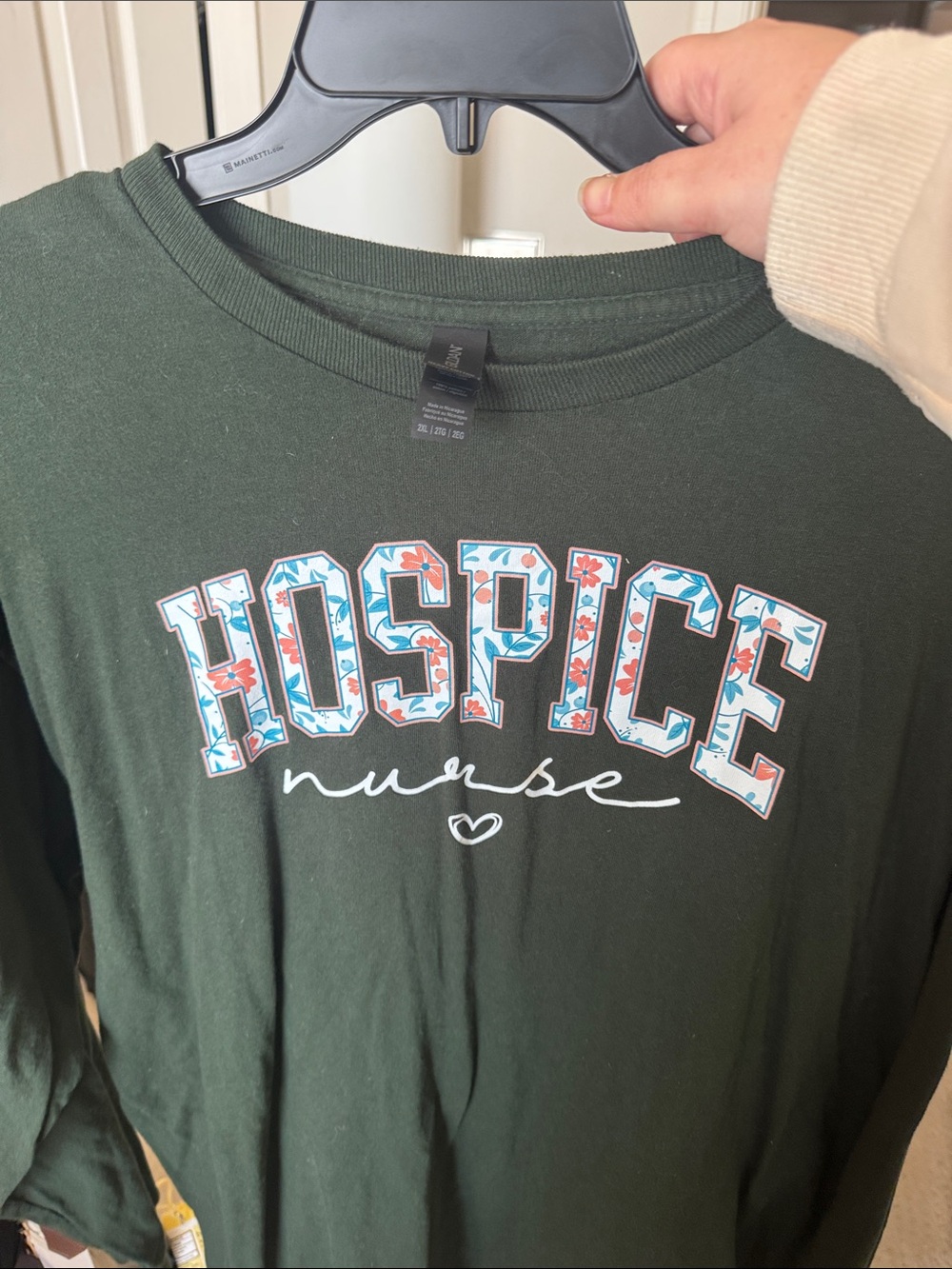 Gildan Forest Green 'Hospice Nurse' Floral Lettering Long Sleeve Tee